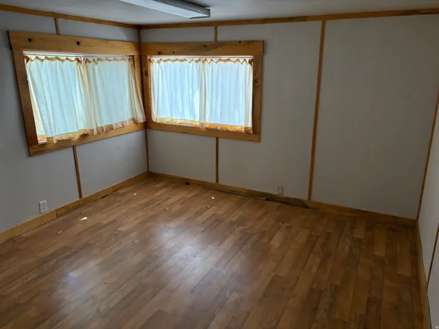 Wood-finish flooring, two large windows with natural wood trim, white walls, and a ceiling-mounted fluorescent light fixture