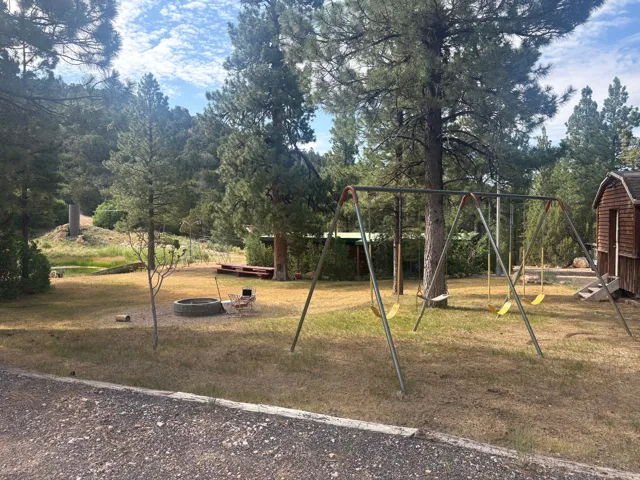 Spacious outdoor area with mature trees, a fire pit, and a swing set
