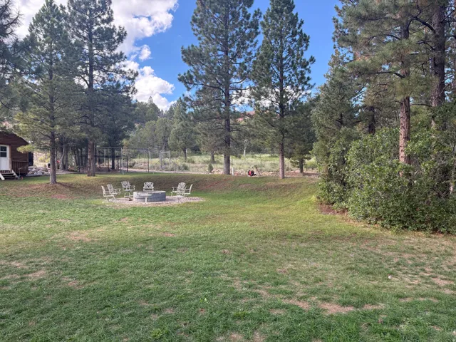 Expansive green lawn with mature trees and a built-in fire pit