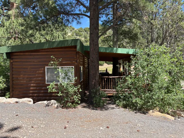 Log cabin exterior with an overhanging flat green roof