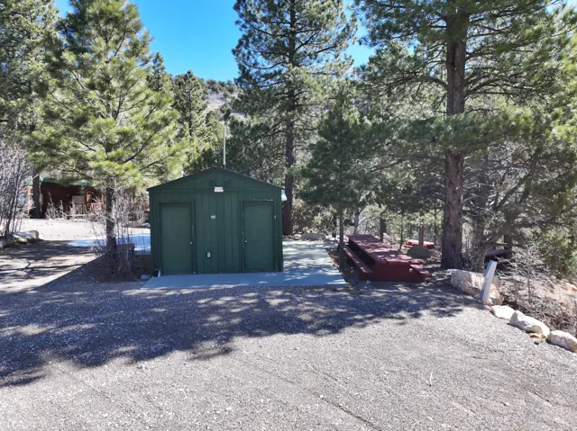 Gravel surface parking area, detached green storage shed, concrete pad, wooded surroundings, and a red picnic table