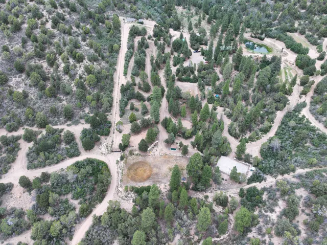 Expansive property with mature trees, multiple structures, and a pond