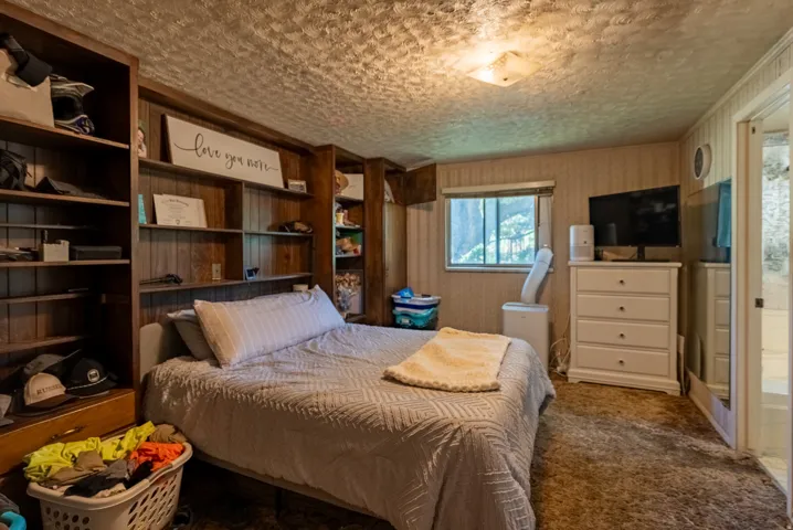 Built-in shelving units, paneled wood wall, window with natural light, and a ceiling-mounted light fixture