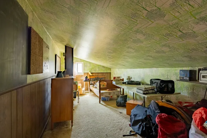 Sloped ceiling with patterned wallpaper, wood-panel accent wall, and carpeting