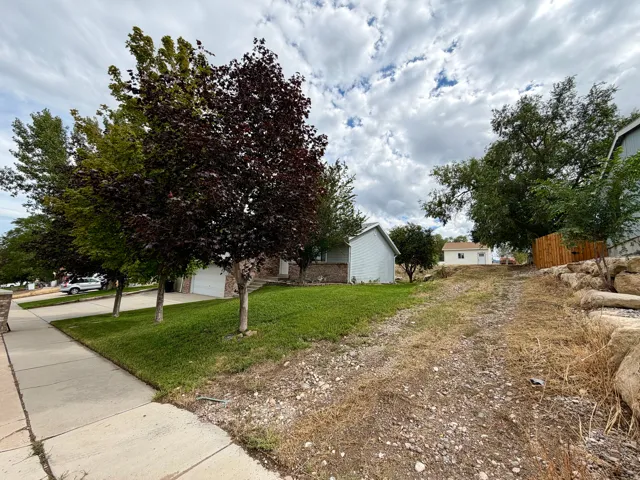 Expansive lot featuring mature trees, landscaped lawn, and a natural rock retaining wall
