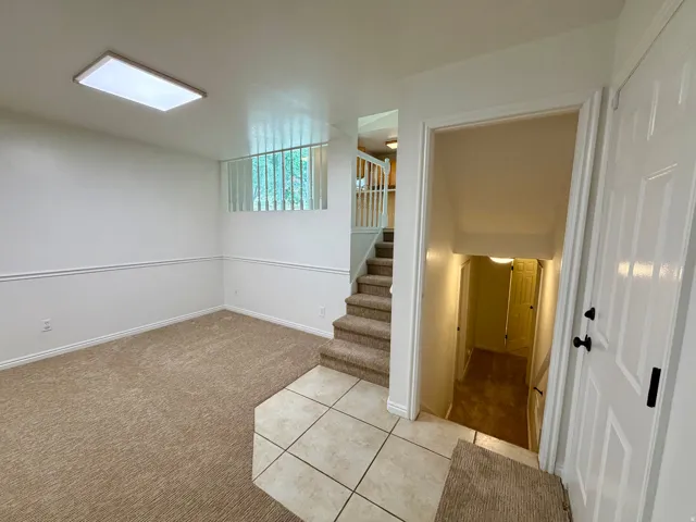 Carpeted room featuring a large window with vertical blinds, a flush-mount ceiling light fixture, and wainscoting