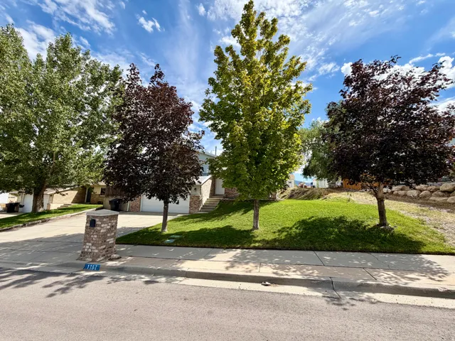 Landscaped front yard with mature trees, a brick mailbox, and a concrete sidewalk