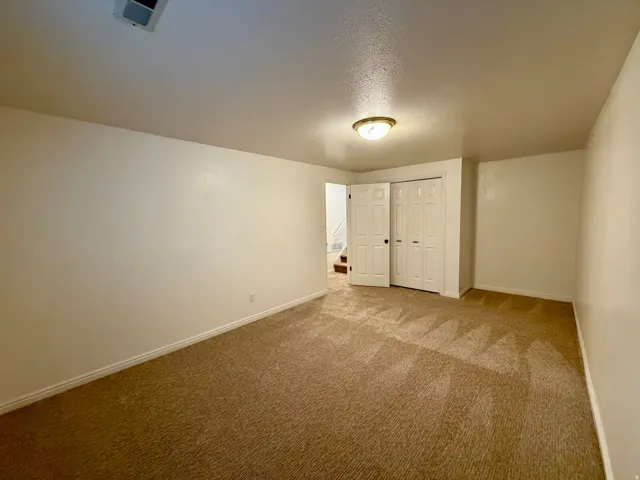 Plush carpet flooring, white painted walls, ceiling-mounted light fixture, and bi-fold closet doors