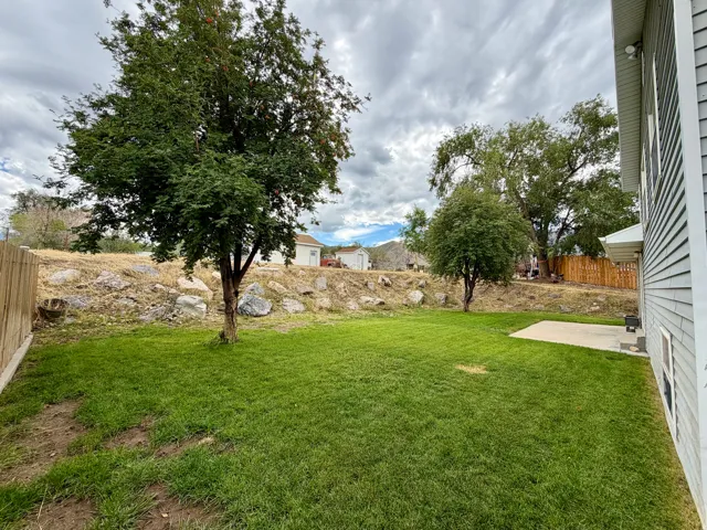 Expansive grassy yard with mature trees, a concrete patio, and a sloped, rock-lined embankment