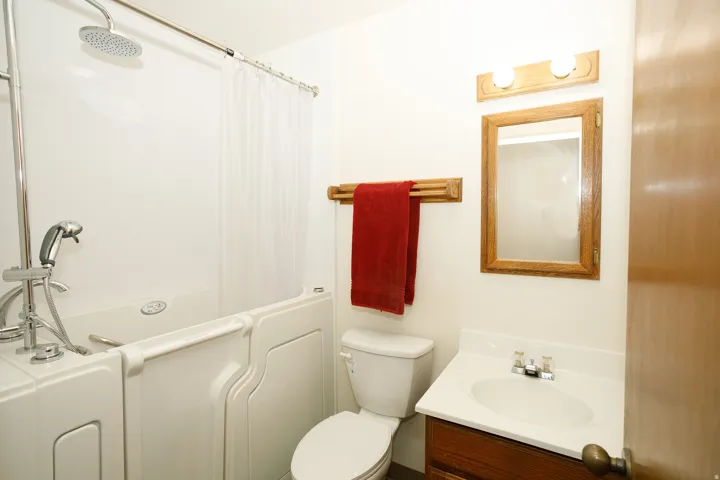 Walk-in tub with shower feature, white toilet, vanity with integrated sink, wood-framed mirror, and two-light fixture