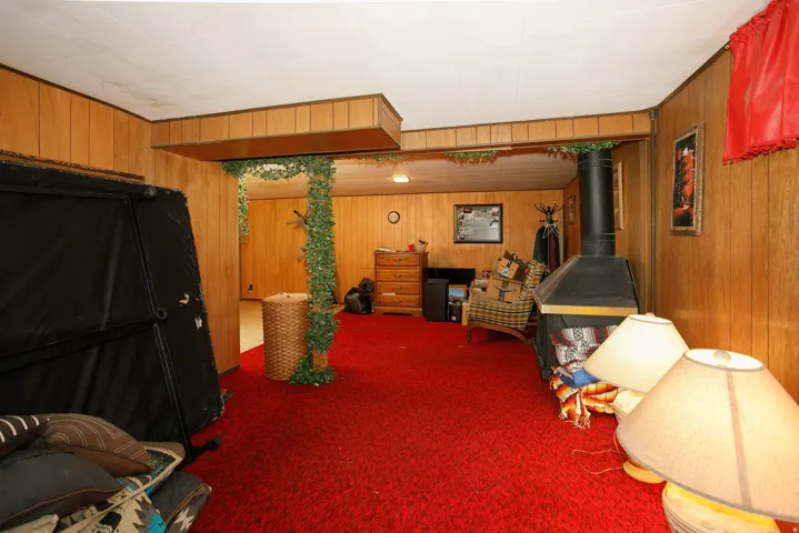Wood-panel walls with a red carpet flooring, featuring a freestanding black fireplace