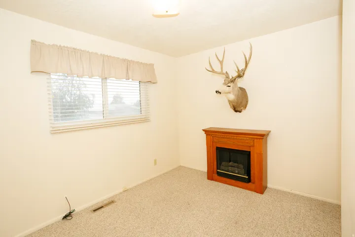 Built-in fireplace with wood-finish surround, wall-to-wall carpeting, and a window with horizontal blinds