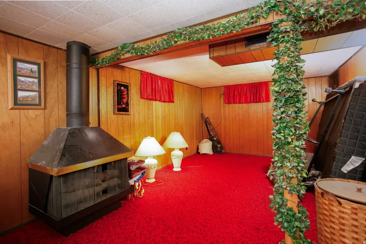 Wood paneling throughout, free-standing black metal fireplace, drop ceiling, and plush red carpeting