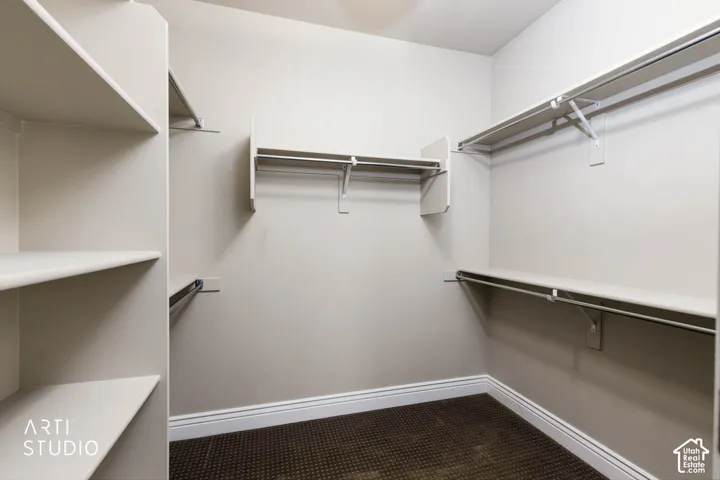 Recessed lighting, built-in shelving, multiple hanging rods, and carpet flooring