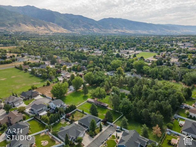 Expansive residential area featuring established homes, mature trees, and mountainous terrain