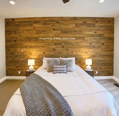 Virtual Photo of wood accent wall with integrated recessed lighting
