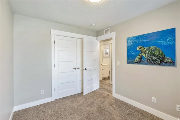 Neutral-toned walls, plush carpet flooring, and white trim work