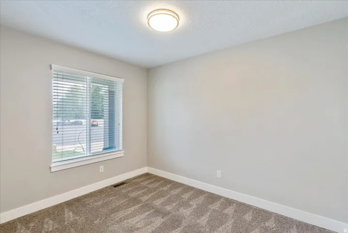 Neutral-toned walls, plush carpet flooring, recessed window with blinds, and a ceiling-mounted light fixture