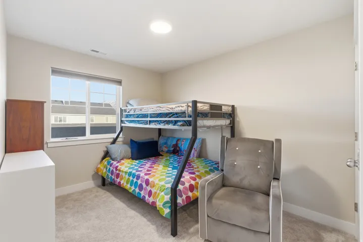 Neutral wall paint, ceiling-mounted lighting, carpeted flooring, and a window with white trim