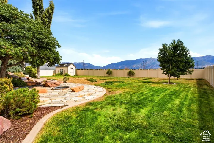 Expansive backyard featuring a stone fire pit area, a water feature, a manicured lawn, and a storage shed