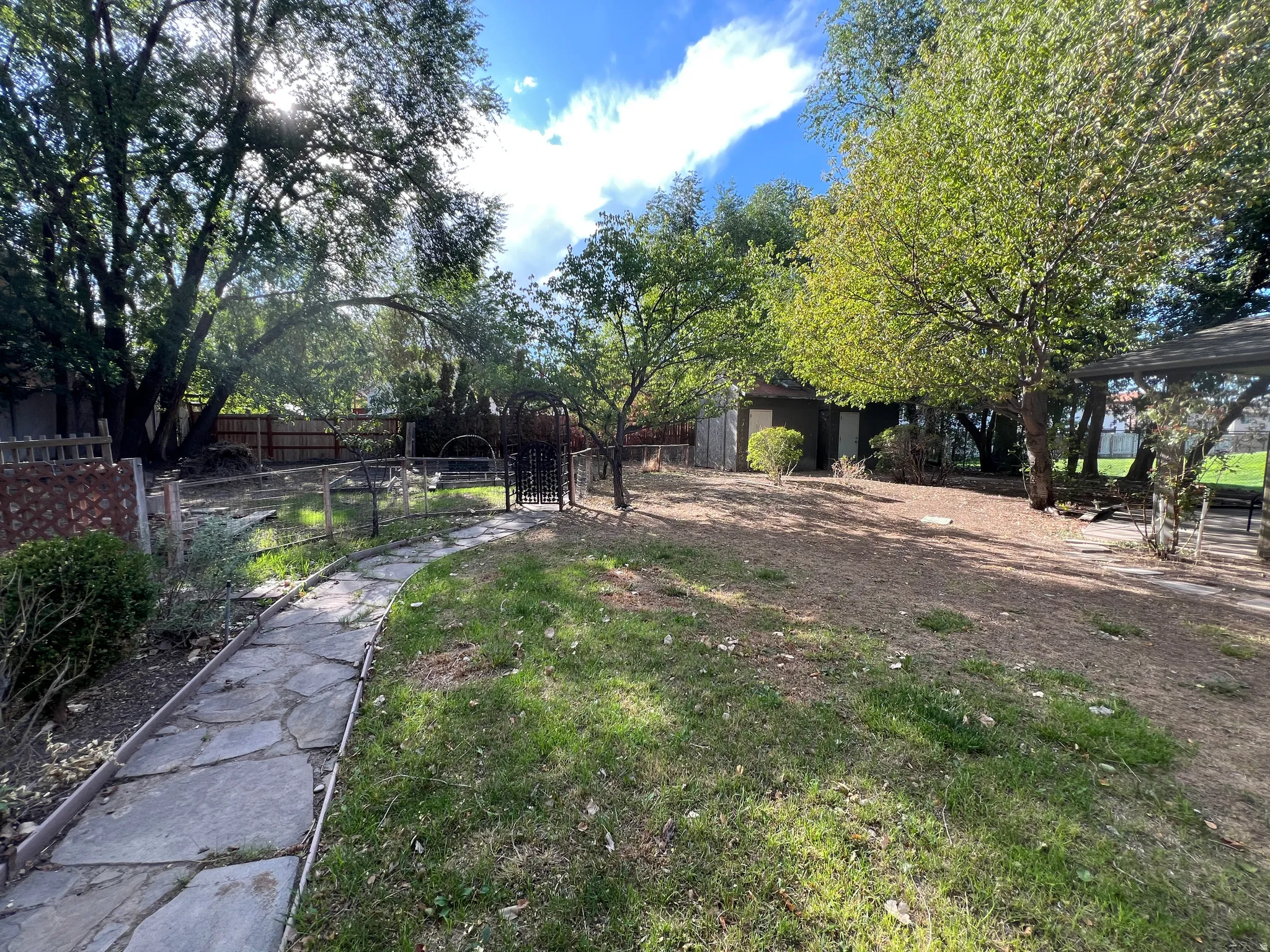 Expansive backyard with a stone-paver pathway, mature trees, and fenced perimeter