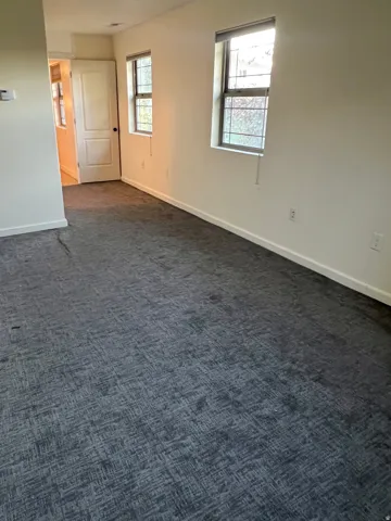 Bedroom. Neutral wall paint, textured carpeting, multiple windows, and a panel door