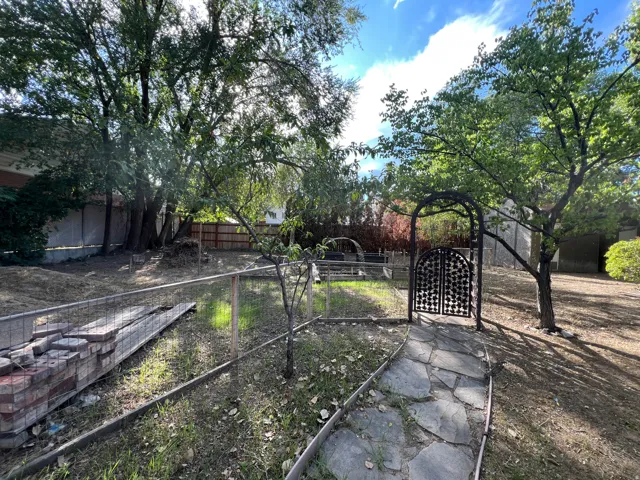 Expansive backyard featuring a natural stone pathway, mature trees, and a decorative metal archway gate