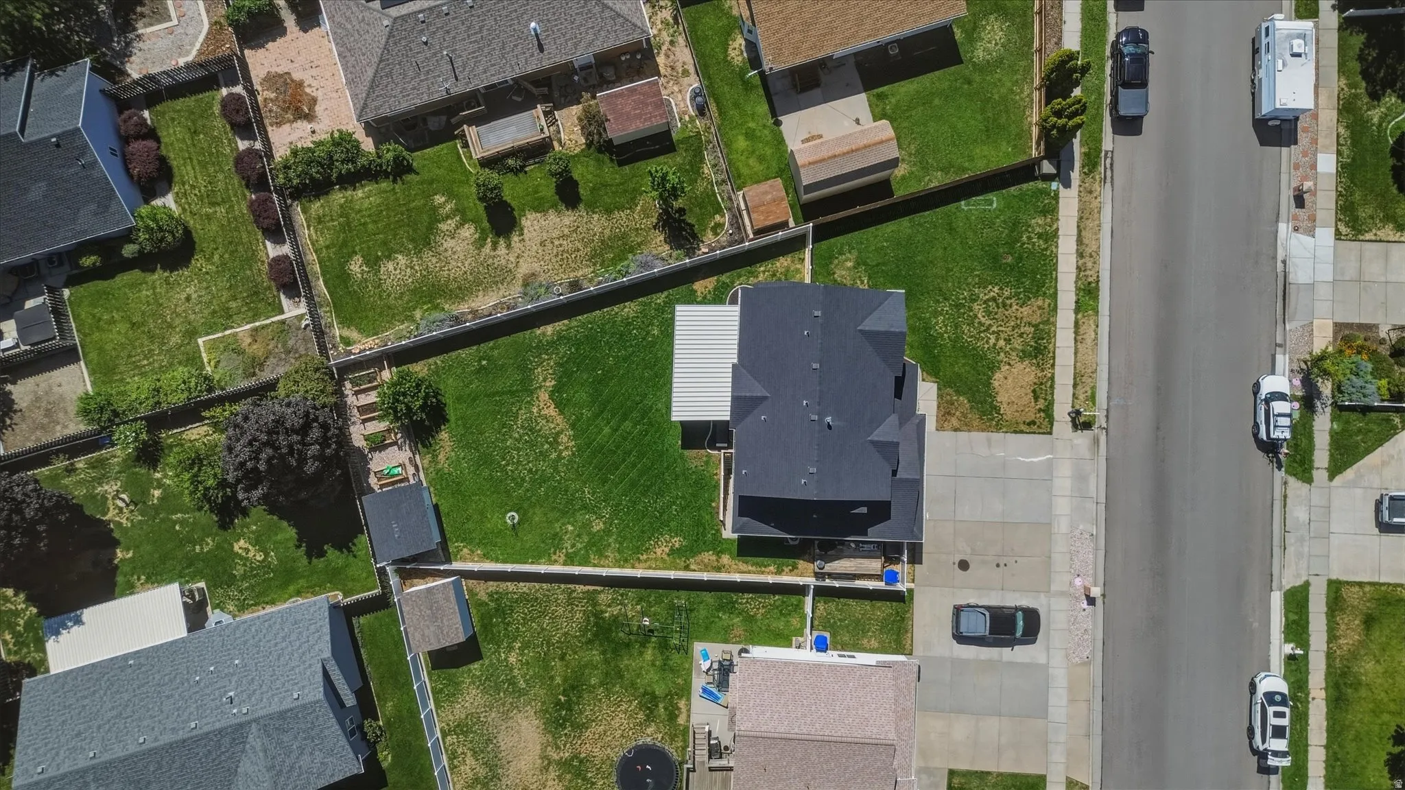 Expansive lot with a spacious backyard, established lawns, and mature trees