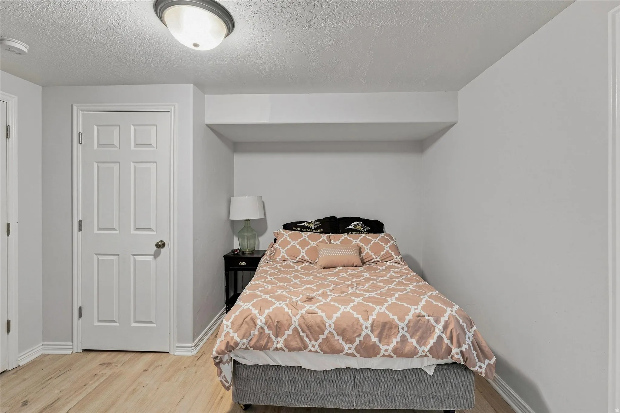 Wood-finish flooring, white paneled door, and recessed ceiling light fixture