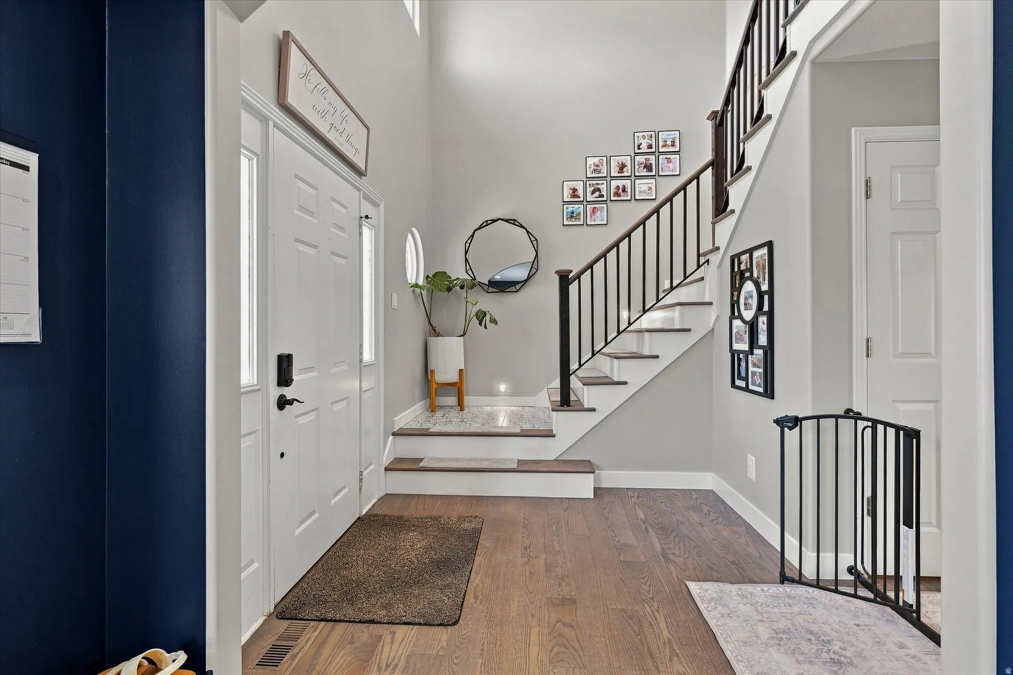 Two-story foyer with wood-finish flooring, a white paneled front door with sidelights, and a staircase featuring dark wood newel posts and metal balusters