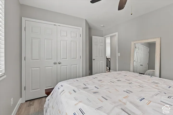White paneled bi-fold closet doors, light gray wall paint, wood-finish flooring, white window blinds, and a ceiling fan
