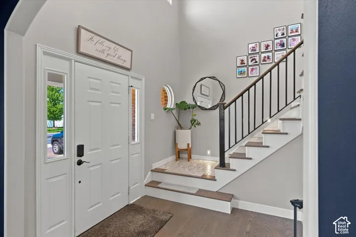 Entryway featuring a paneled door with sidelight windows, a staircase with wood-finish treads, and wrought iron balusters