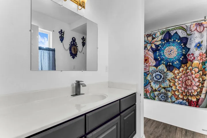 Vanity with dark cabinetry and white countertop, undermount sink, wall-mounted mirror, and wood-finish flooring