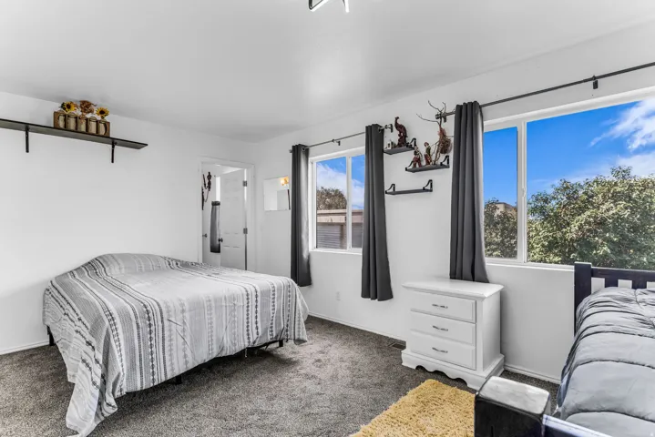Bright room featuring two large windows, white walls, and gray carpeting