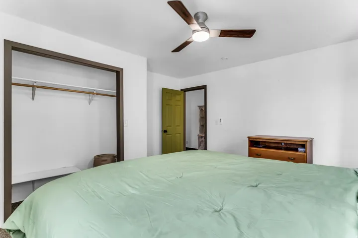 Ceiling fan with integrated lighting, recessed closet with hanging rod, and painted interior door