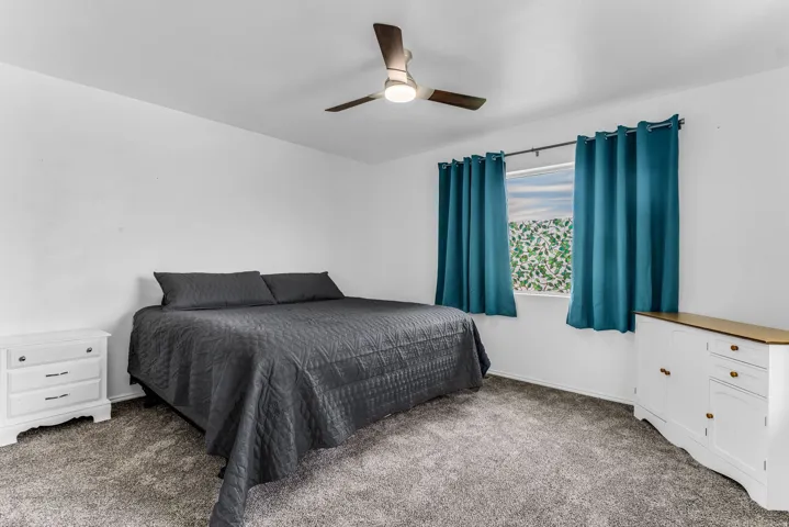White walls with gray carpeting and a ceiling fan