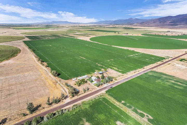 Expansive agricultural fields with lush green crops, surrounded by arid terrain and distant mountains