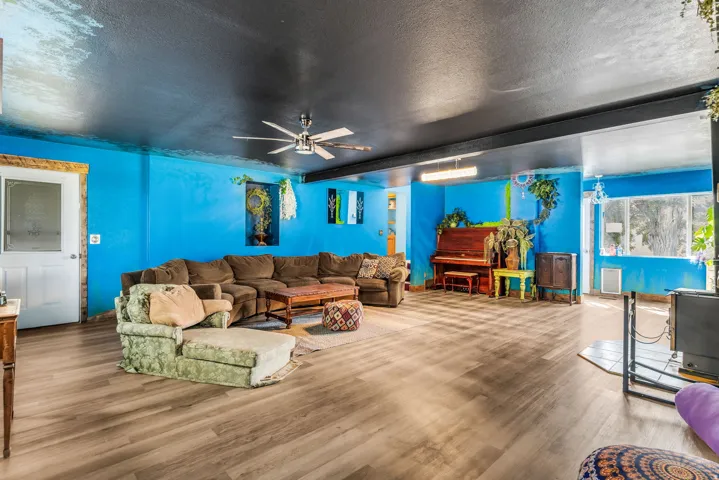 Spacious living area featuring wood-finish flooring, a ceiling fan, and large windows
