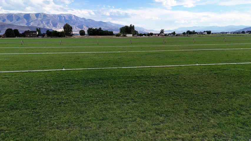 Expansive green field with visible irrigation lines, set against a mountainous backdrop