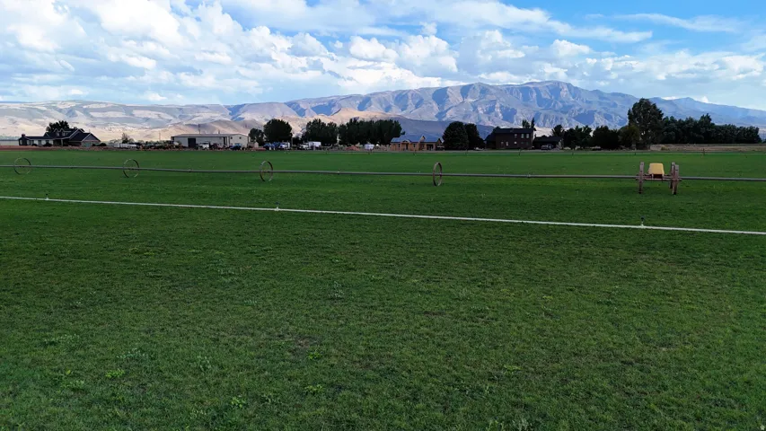 Expansive green field with an irrigation system, set against a backdrop of distant mountains