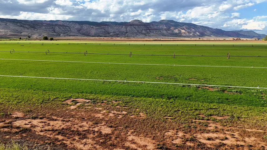 Expansive green field with visible irrigation lines, bordered by natural terrain and distant mountains
