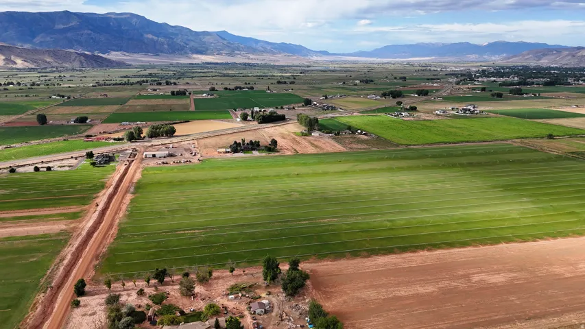 Expansive agricultural landscape featuring cultivated fields and a distant mountain range