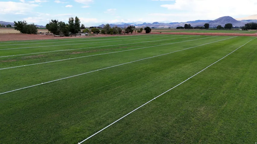 Expansive green field with visible irrigation lines, bordered by natural terrain and distant mountains
