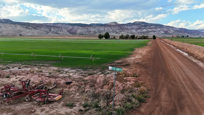 Expansive green fields with irrigation systems, bordered by a long dirt road and distant mountains
