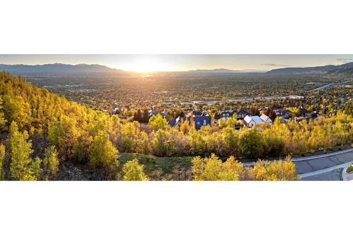 Expansive mountain scenery with residential properties nestled among mature trees