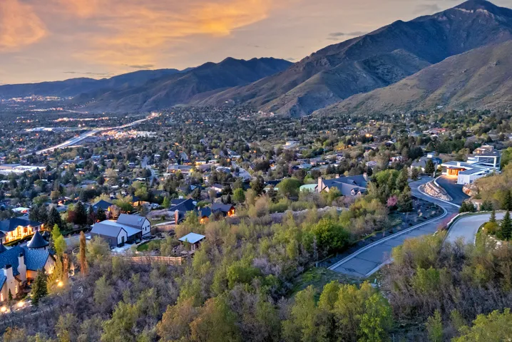 Mountain backdrop, city lights, residential developments, winding road, mature trees