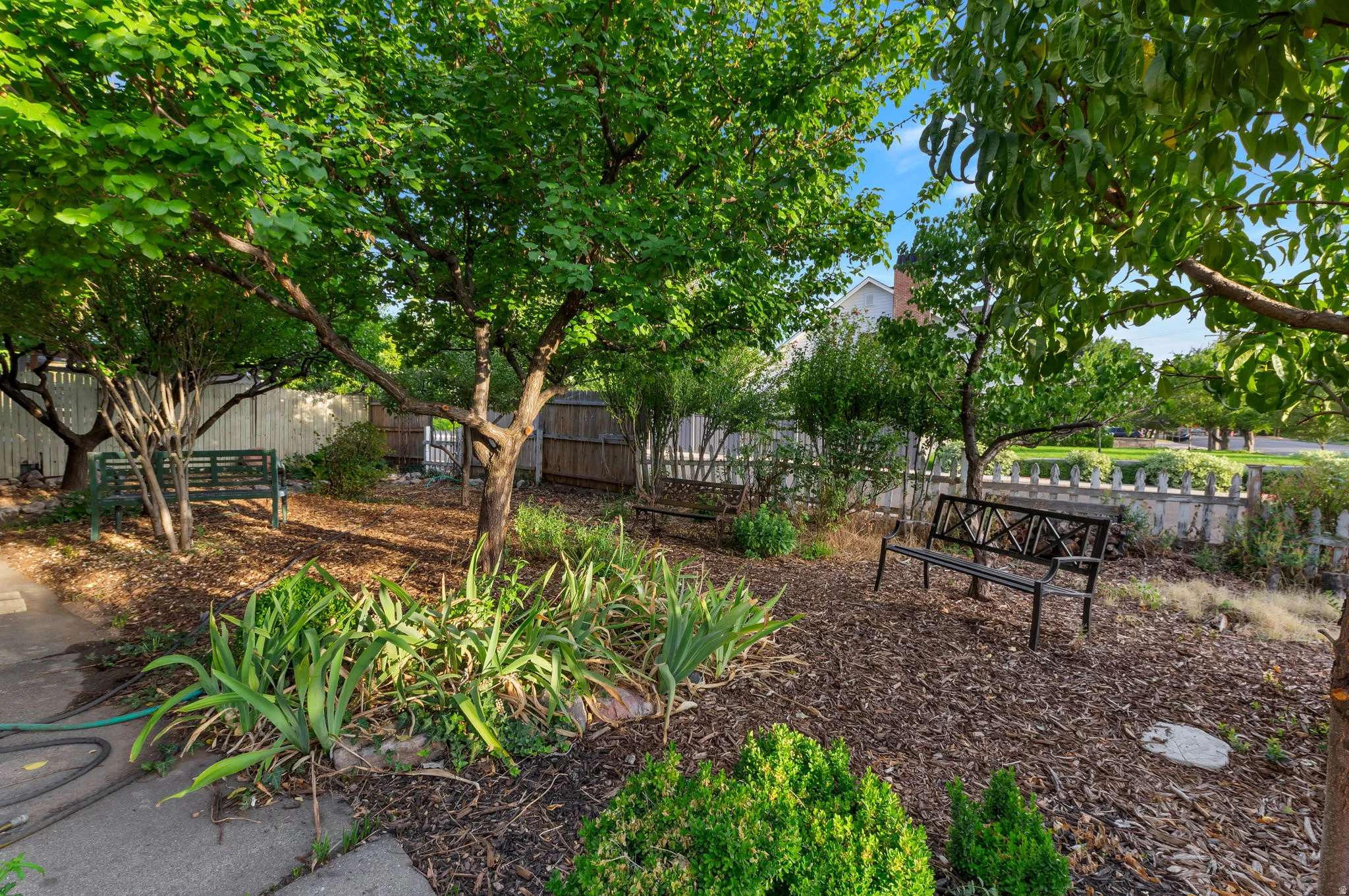 Mature trees provide extensive shade, complemented by established plantings and a wood chip ground cover