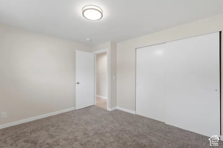 Neutral tone wall paint, plush carpet flooring, a flush-mount ceiling light fixture, and a spacious closet with sliding doors