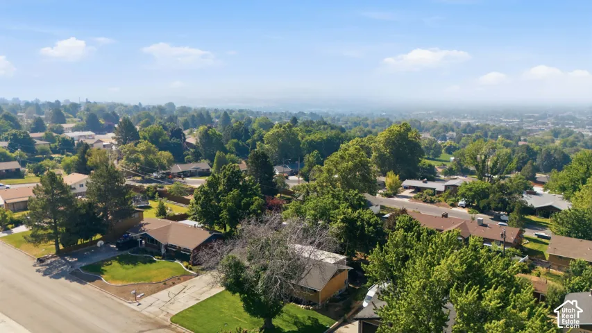 Residential neighborhood with established homes, mature trees, and paved roads