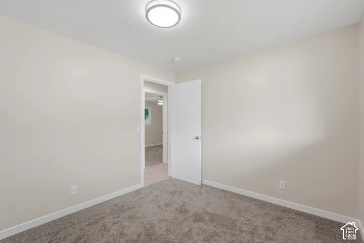 Plush gray carpeting with light neutral wall tones, complemented by a flush-mount ceiling light fixture